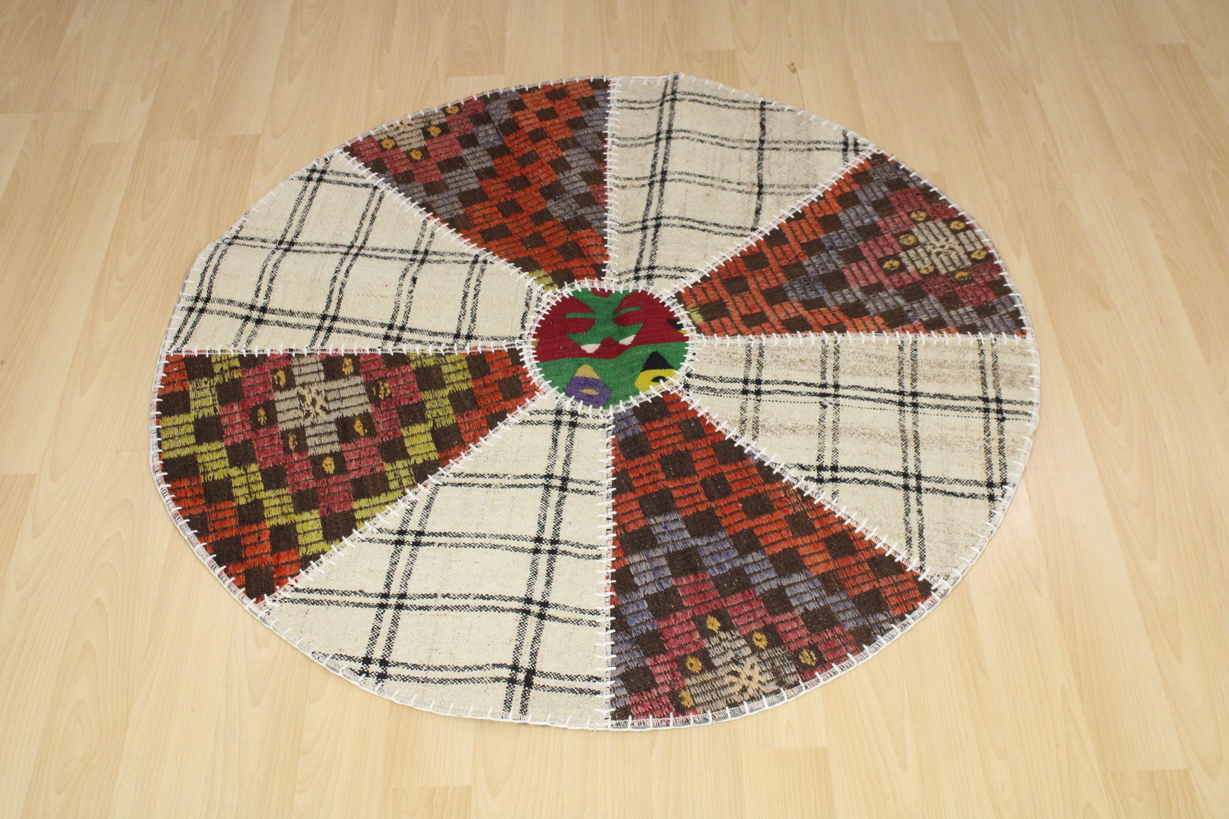 Turkish Patchwork Hand-Knotted Wool Round Rug