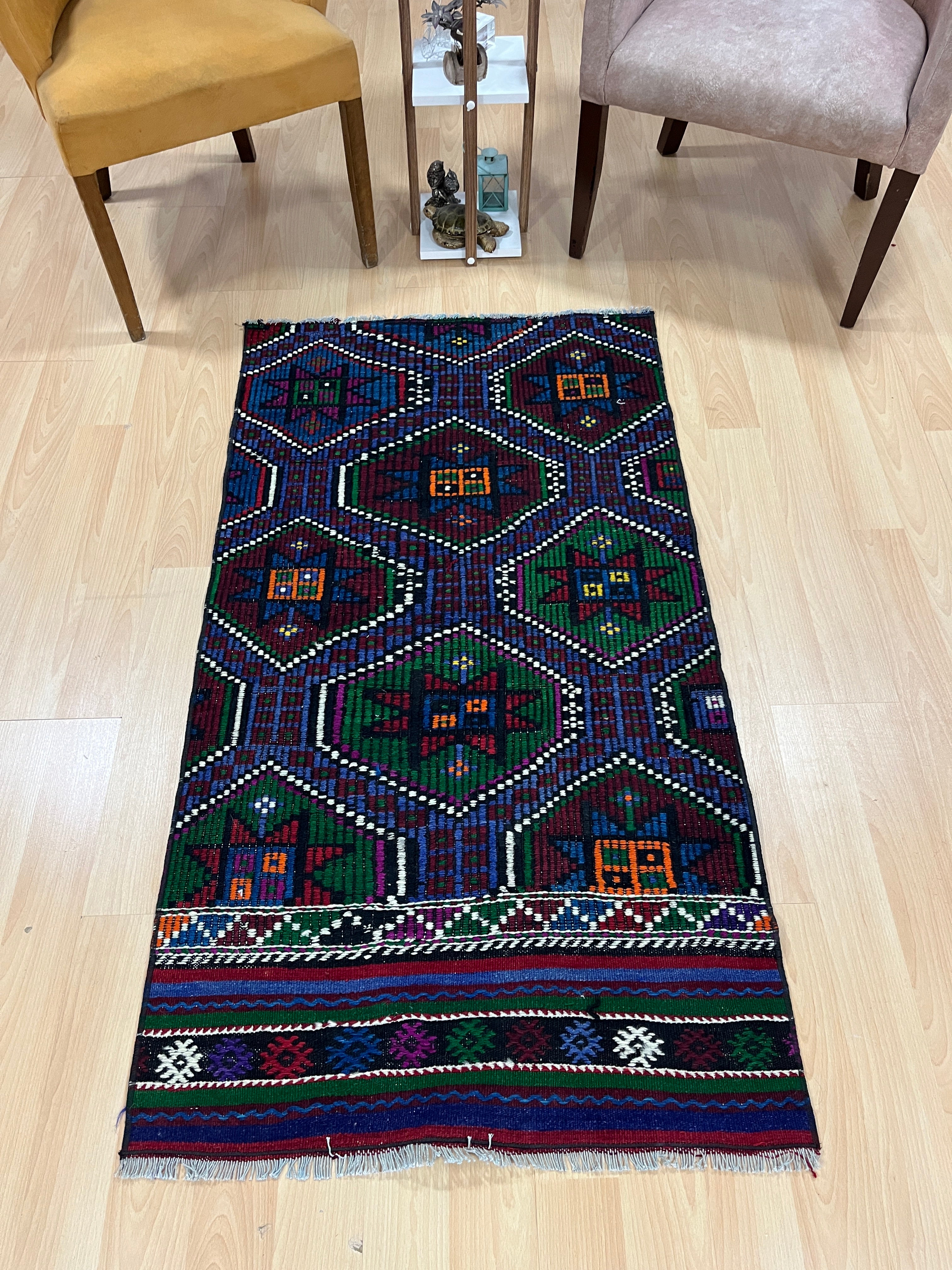 El Dokuma Anadolu Kök Boya Yün Kilim