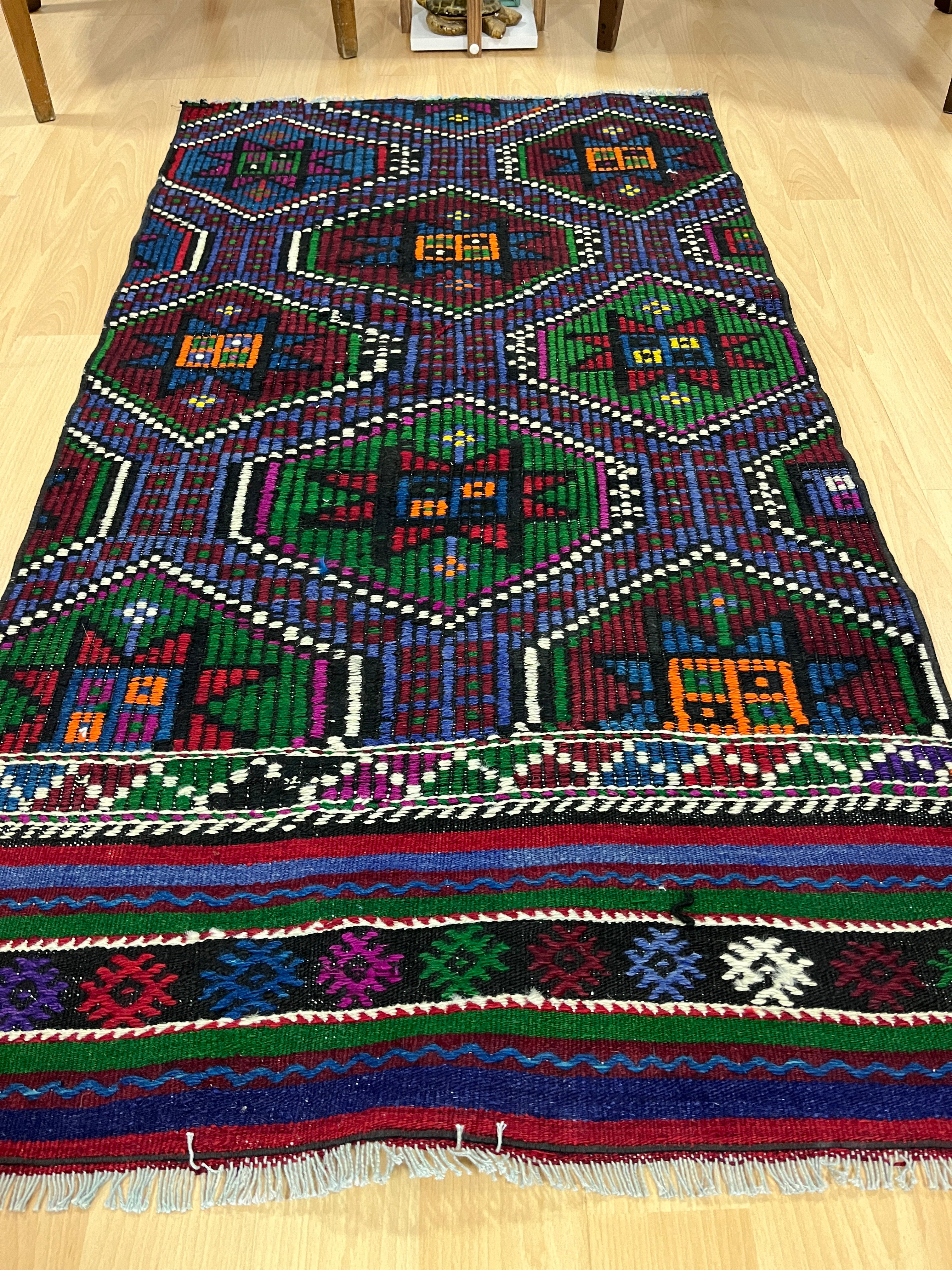 El Dokuma Anadolu Kök Boya Yün Kilim