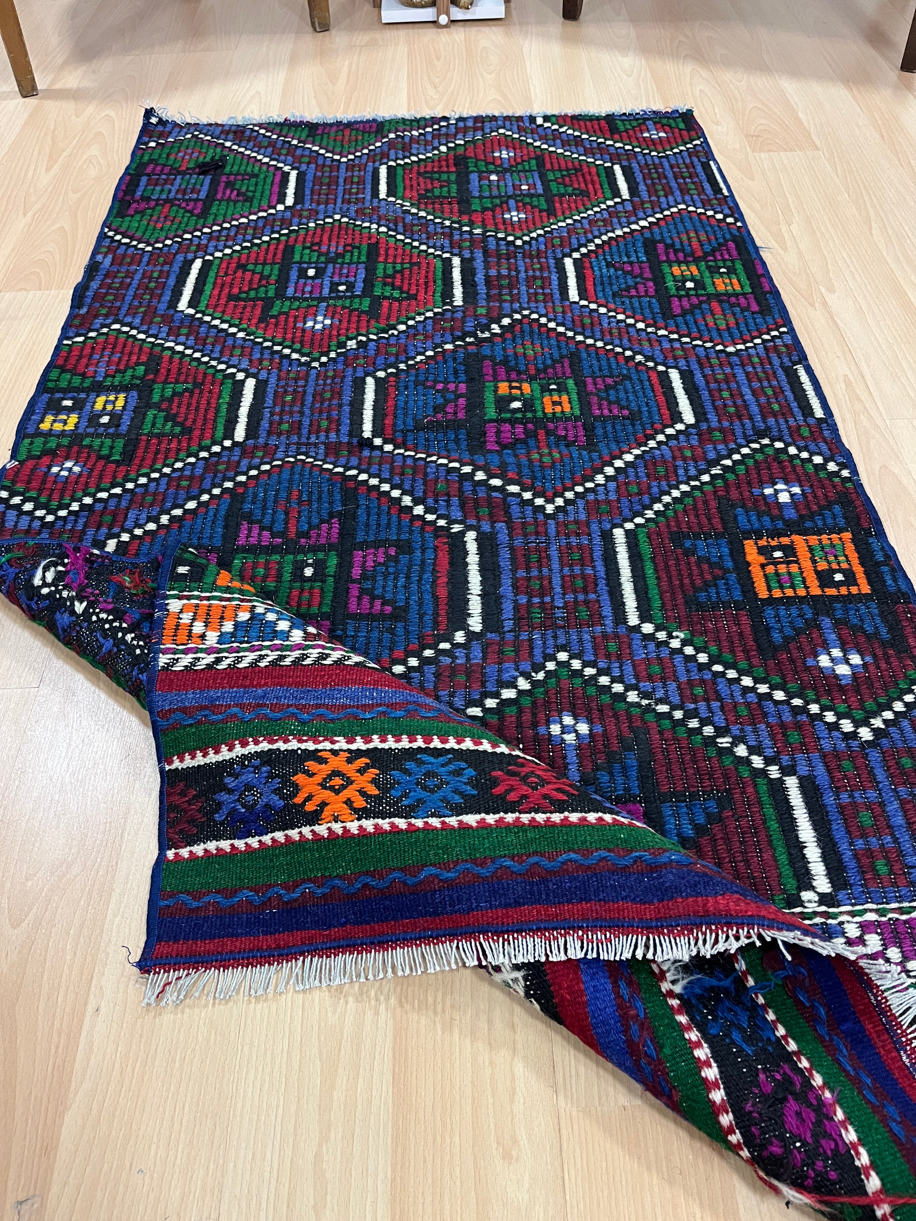 El Dokuma Anadolu Kök Boya Yün Kilim