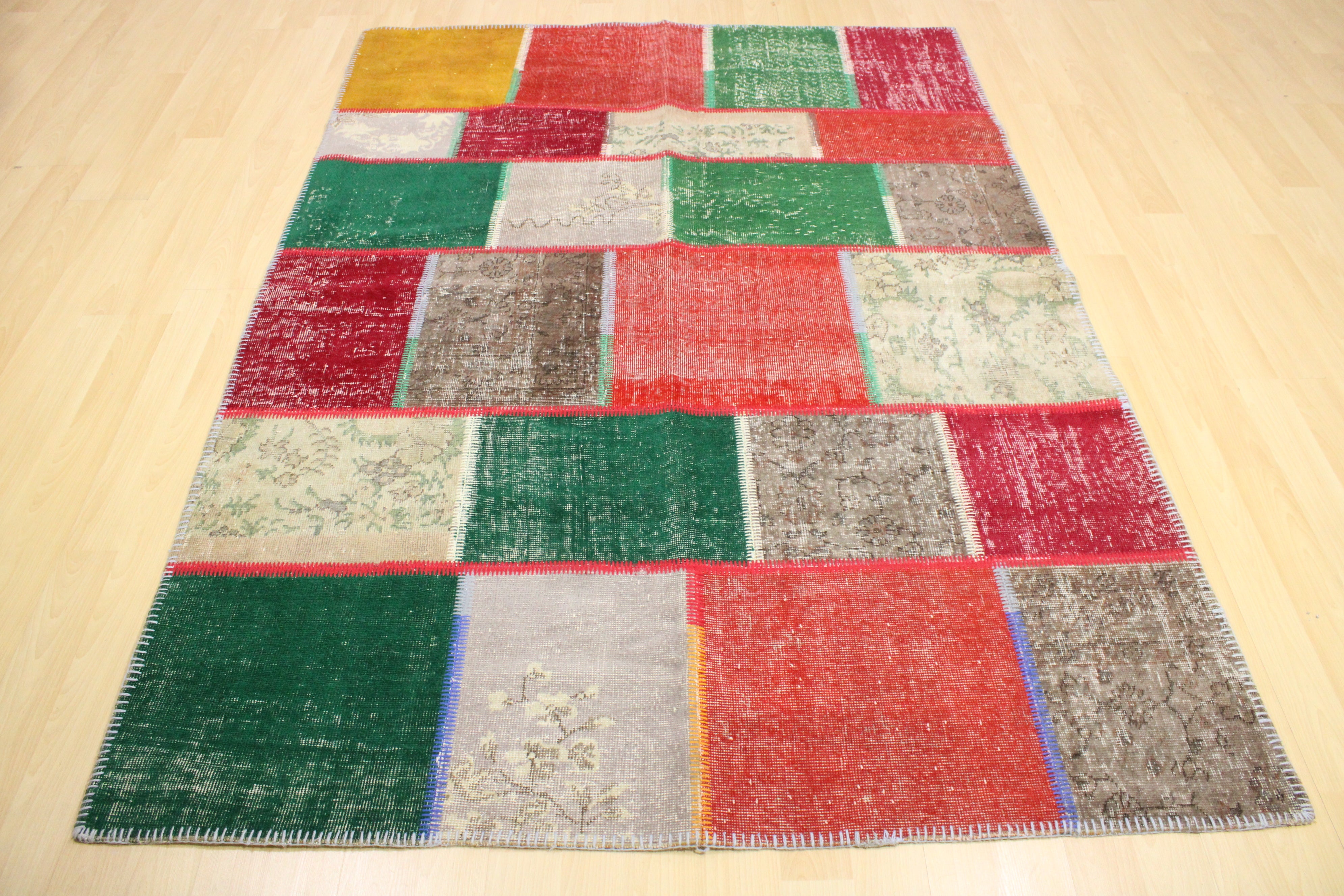 Turkish Patchwork Hand-Knotted Wool Rug