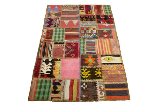 Hand-Knotted Patchwork Turkish Rug (3'2" x 4'9")