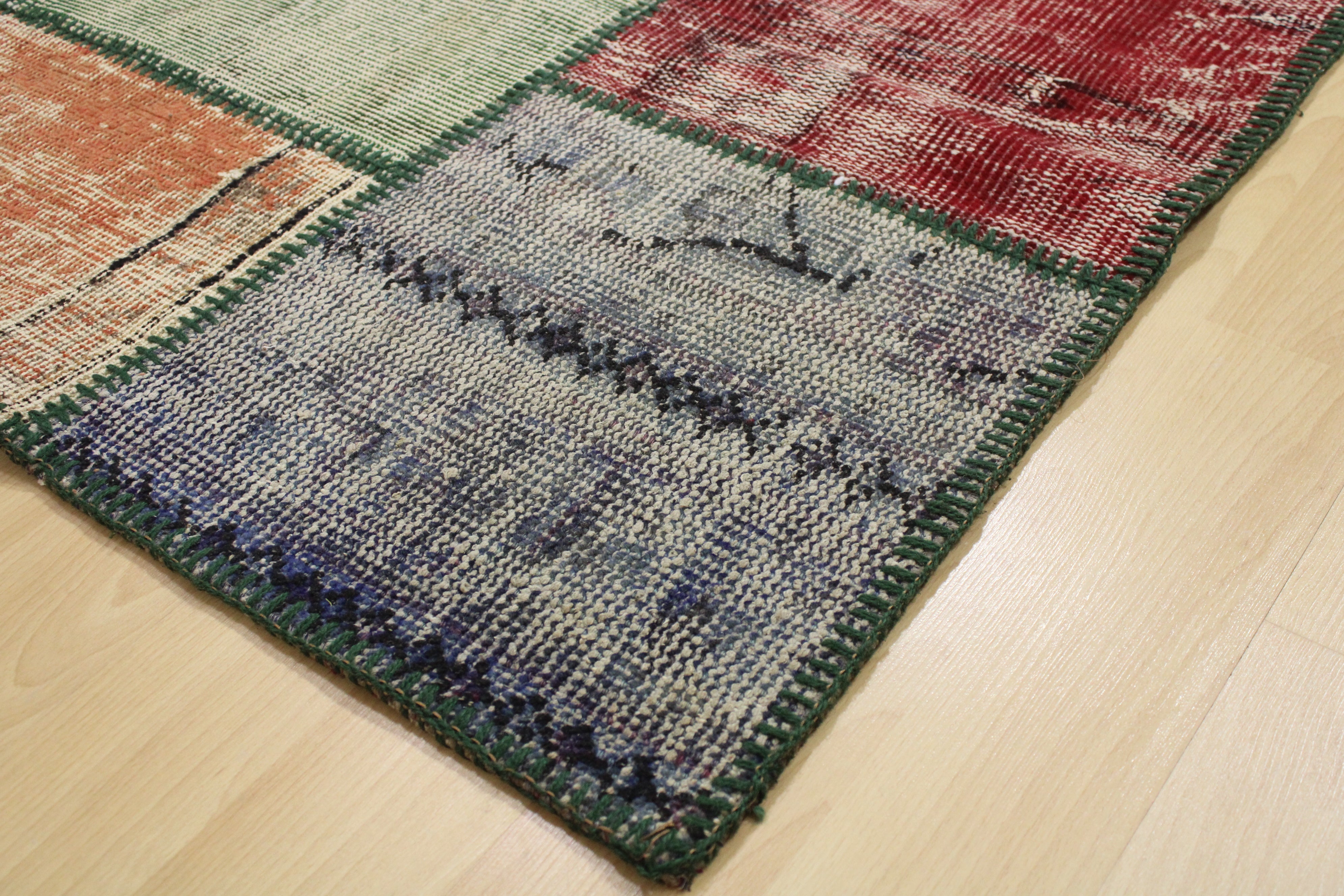 Turkish Patchwork Hand-Knotted Wool Runner Rug