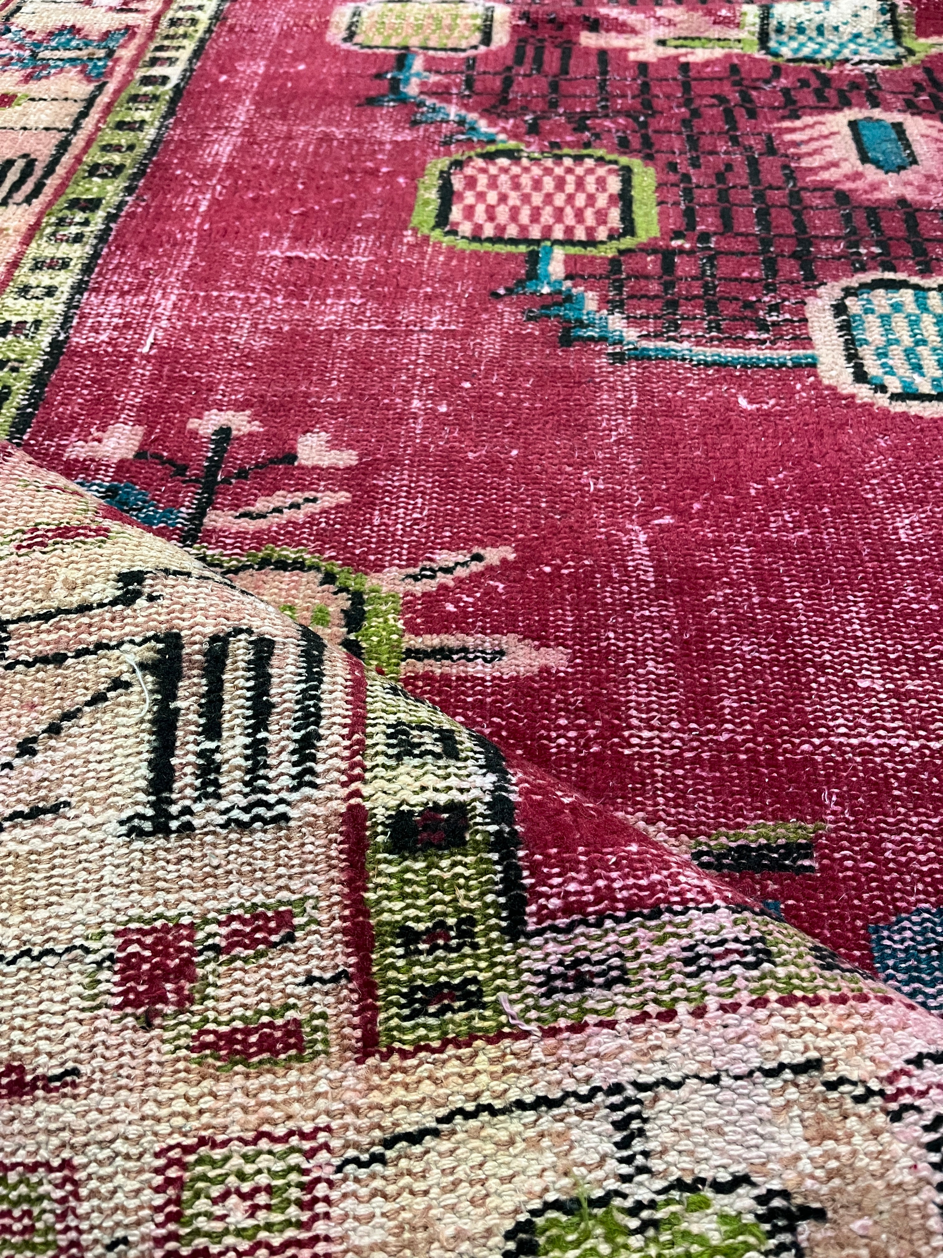 Turkish Vintage Hand-Knotted Wool Runner Rug